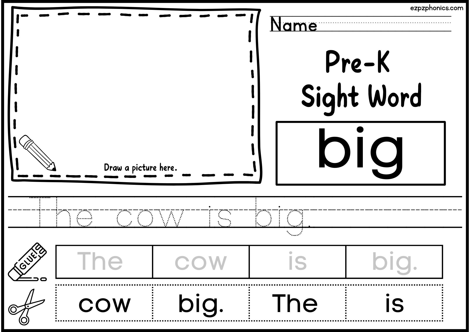 Big Dolch Sight Word Activity. Draw, Color, Cut and Paste, and Word Tracing.